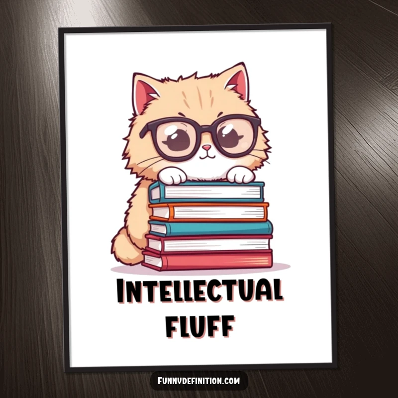 Funny cat digital art, fluffy cat wearing oversized glasses, attempting to balance books, humorous and intellectual decor.