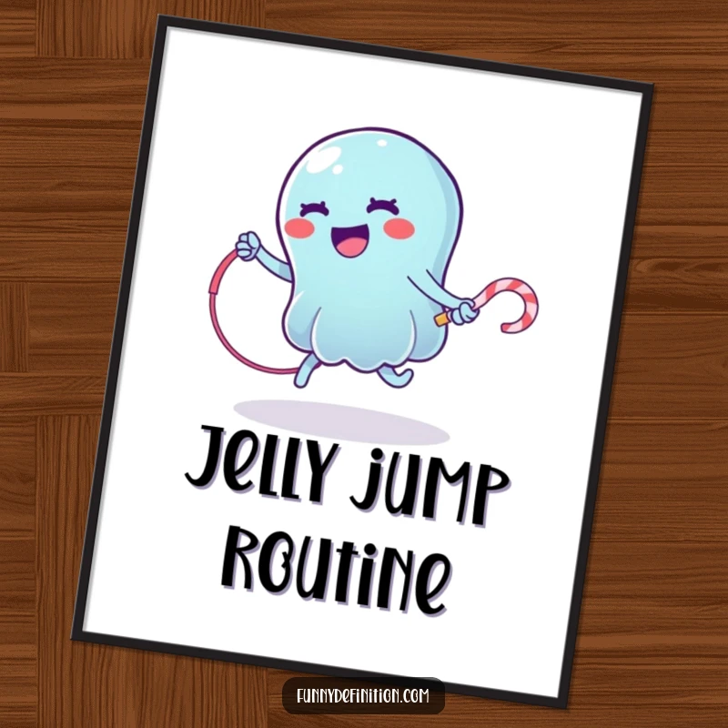 Funny digital art print of a wobbly jelly character jump roping with a licorice whip, vibrant and humorous dessert theme.