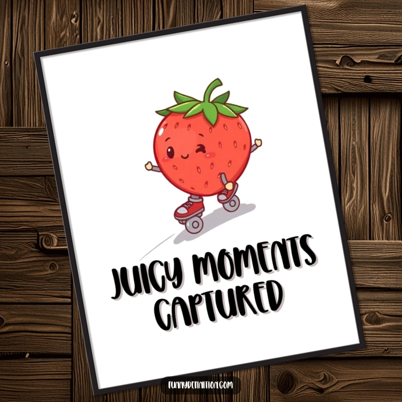 Funny plump strawberry wearing roller skates, wobbling down a hill, as downloadable wall art.