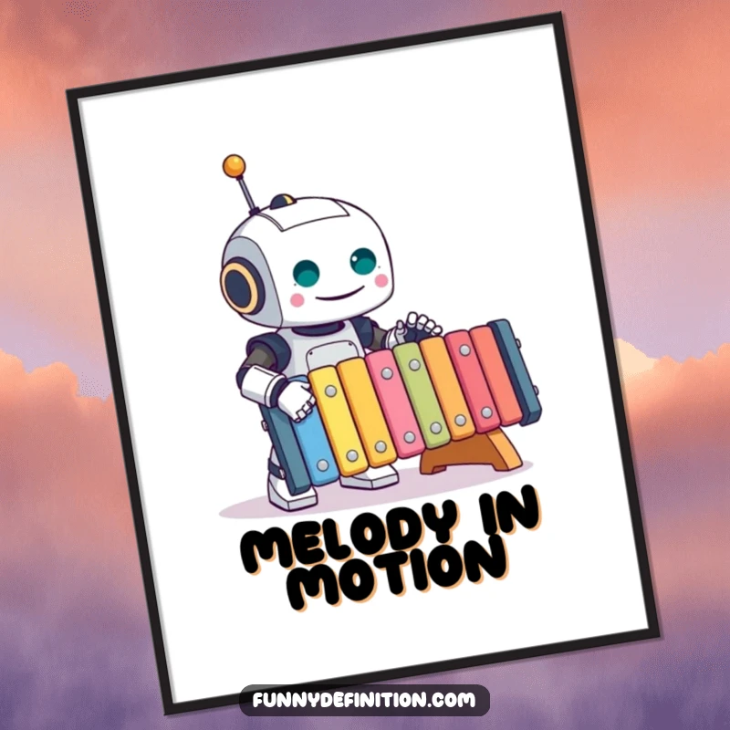 Funny Robot Digital Art Print: A robot joyfully playing a grand xylophone, capturing musical energy and humor, a perfect printable funny gift.