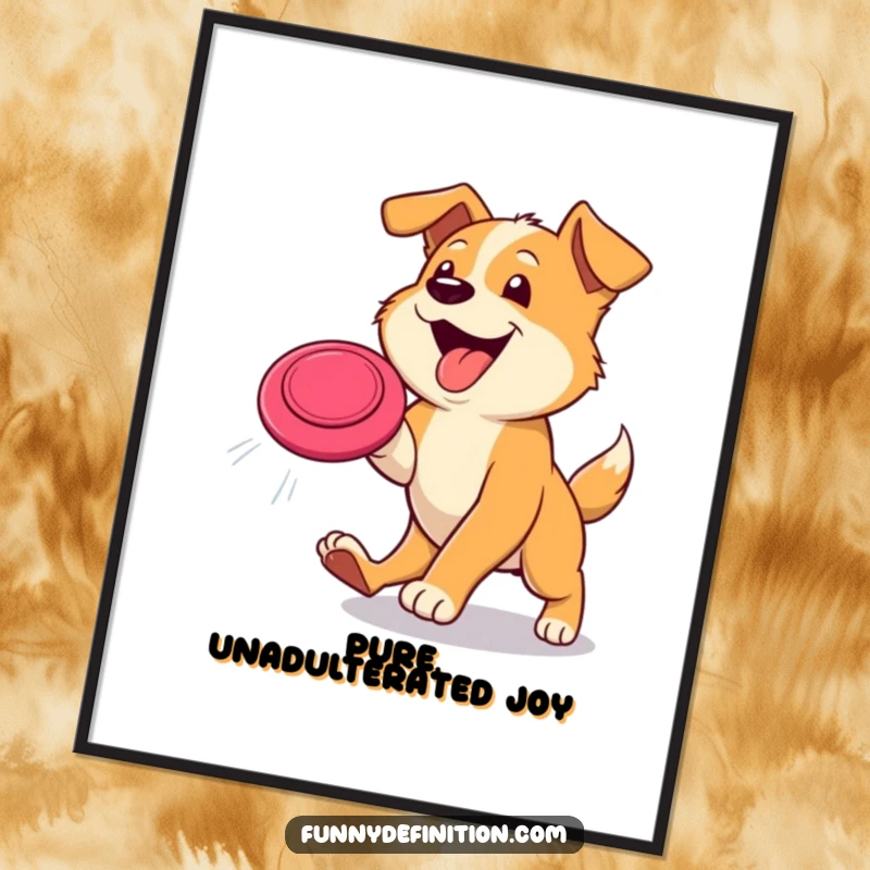 Funny dog digital art print of a happy dog leaping mid-air with tongue out to catch a frisbee, offering dynamic, humorous decor.