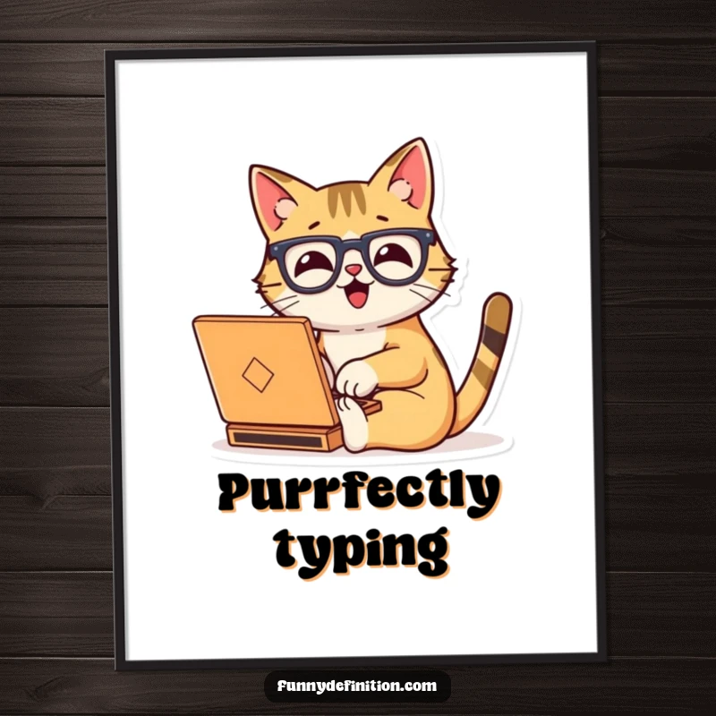 Funny digital art of a happy cat wearing oversized glasses, typing enthusiastically on a tiny laptop.