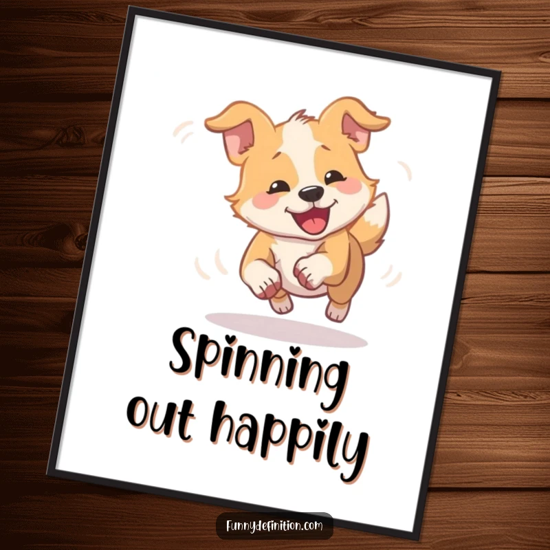 Funny dizzy dog digital art print of a dog comically spinning in a blur chasing its tail, offering playful humor.