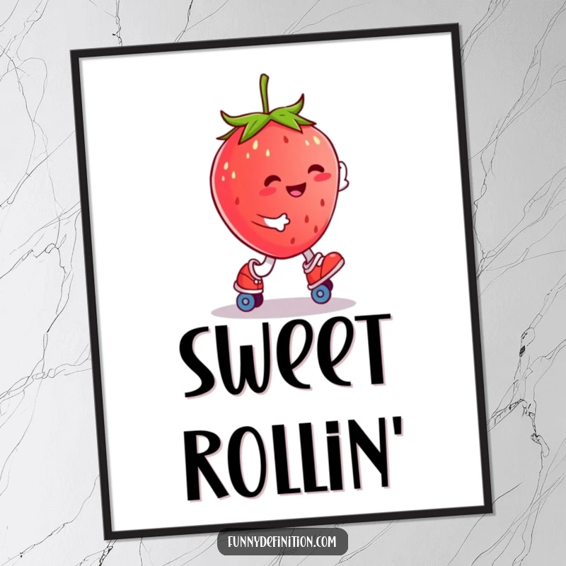 Funny digital art of a smiling strawberry roller skating, perfect for humorous home decor.