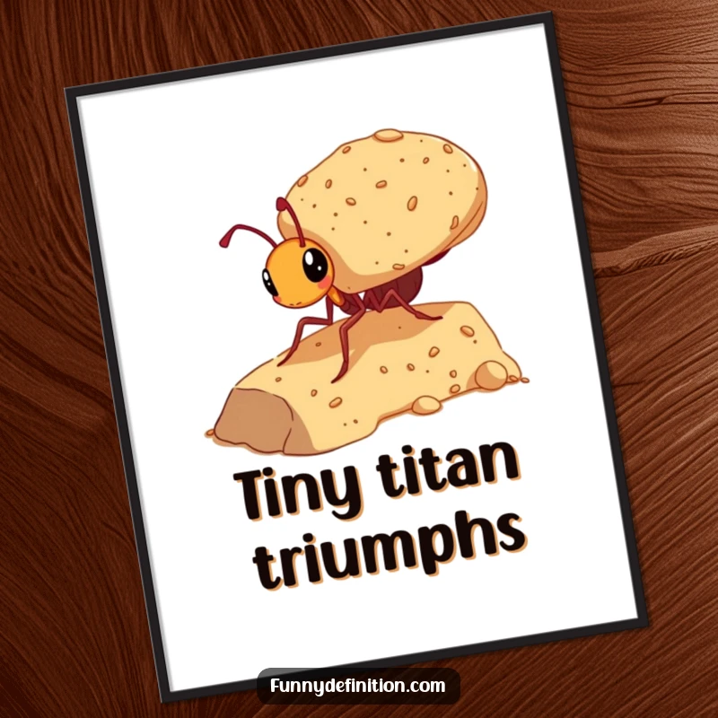 Funny digital art of a small ant struggling uphill with a huge crumb, perfect for humorous and motivational decor.
