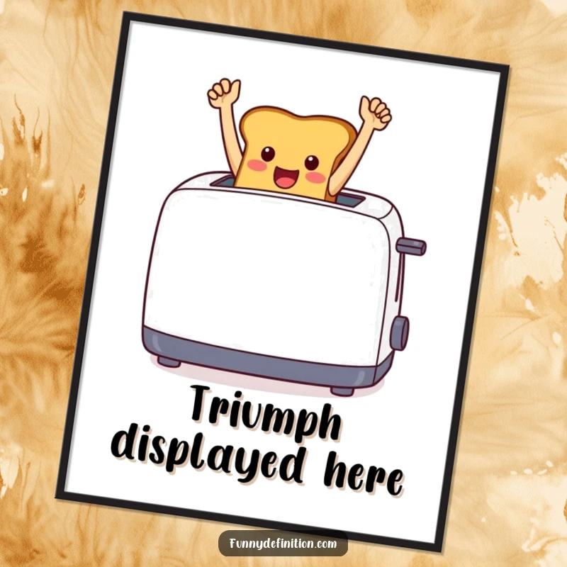 Funny cheerful toast leaping from a toaster with arms raised in triumph, as downloadable wall art.