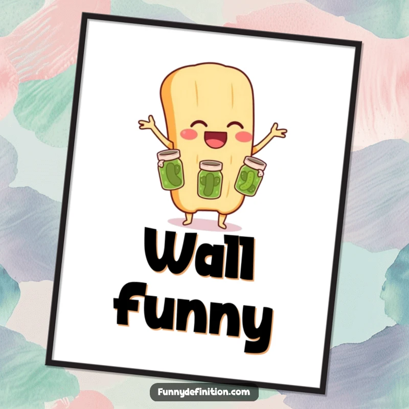 Funny digital art print of a gleeful baguette character juggling three tiny pickle jars, offering a whimsical and humorous visual.