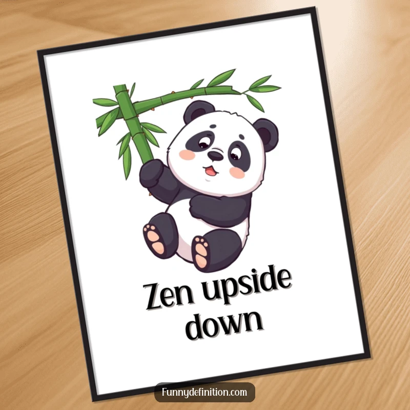 Funny digital art of a determined panda hanging upside down from bamboo, perfect for humorous decor.