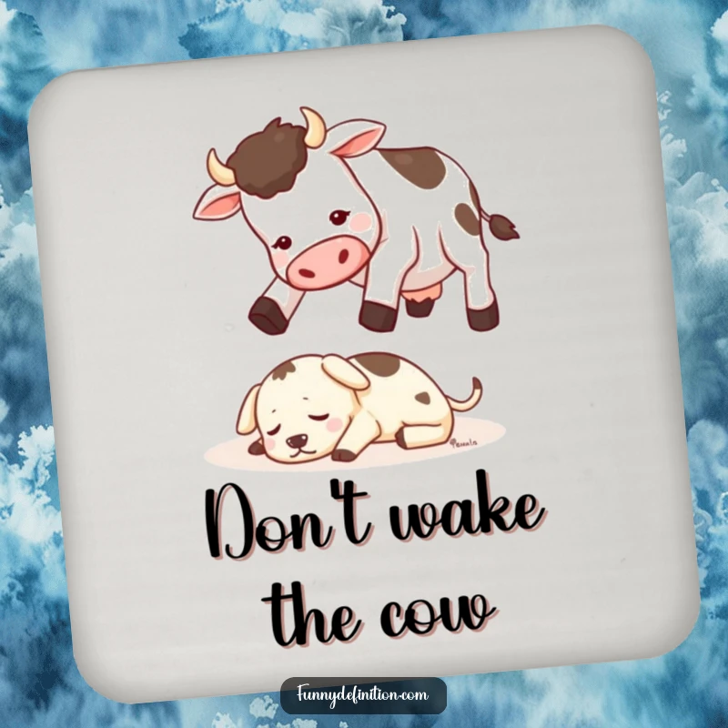 Funny drink coaster depicting a cow attempting to jump over a small sleeping dog, adding farm humor to surface protection.