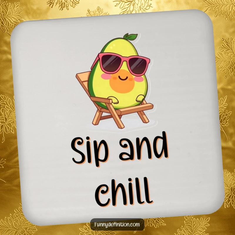 Funny drink coaster featuring a smiling avocado wearing sunglasses, lounging on a tiny beach chair.