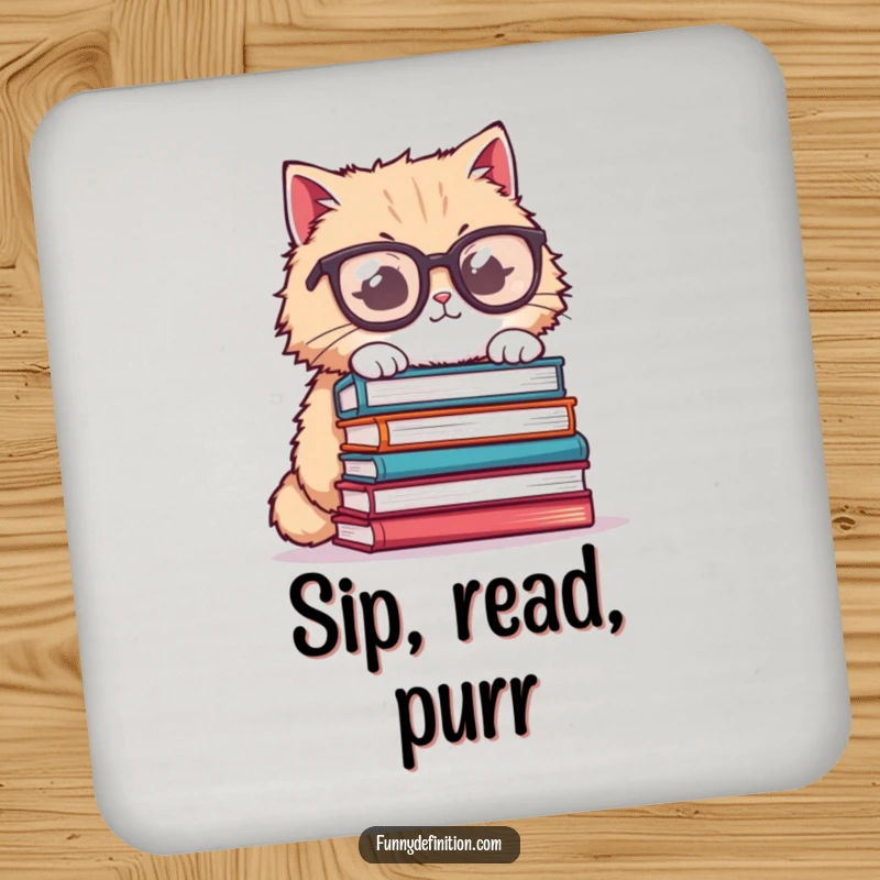 Funny cat coaster, fluffy cat wearing oversized glasses, trying to balance books, protecting surfaces with humorous charm.