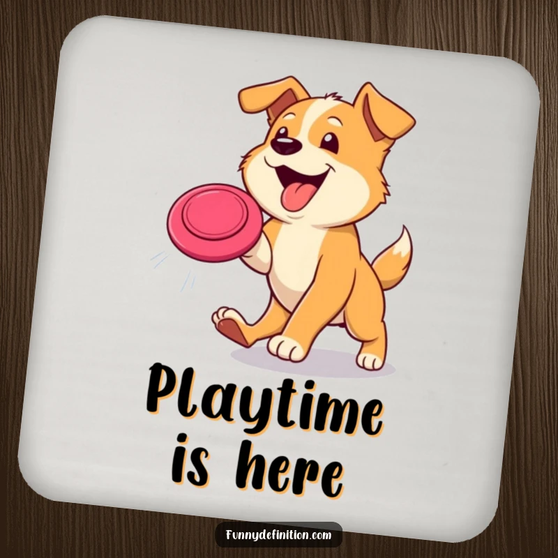 Funny dog coaster showing a happy dog leaping mid-air with tongue out to catch a frisbee, a humorous way to protect tables.