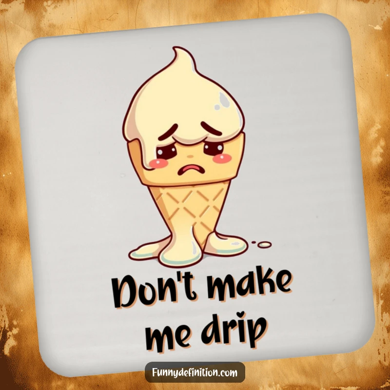 Funny drink coaster featuring a melting ice cream cone with a worried expression, adding dessert humor to surface protection.