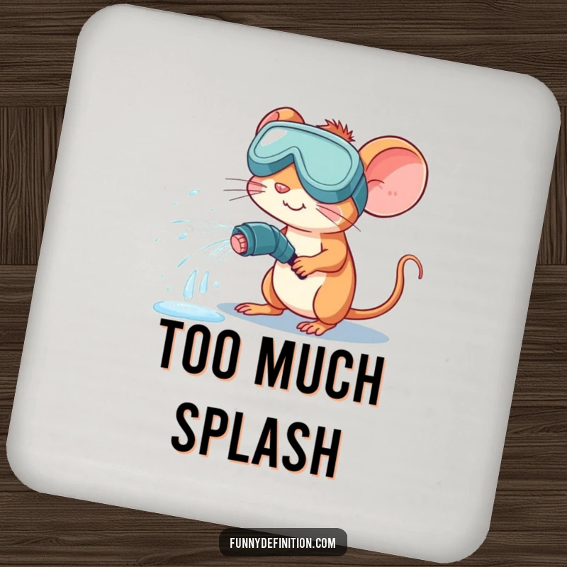 Funny drink coaster with a mouse in goggles accidentally spraying water from a hose, protecting surfaces with comical flair.