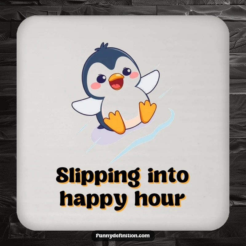 Funny drink coaster featuring a startled penguin character with a comically surprised expression, sliding down an icy slope.