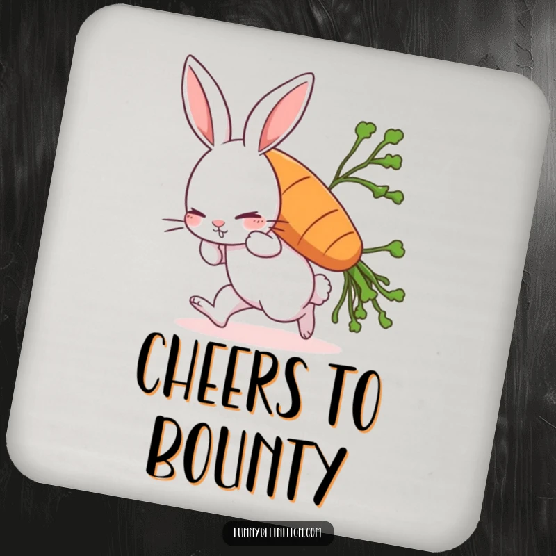Funny rabbit coaster showing a comically struggling rabbit carrying a giant carrot, leaning forward, a humorous way to protect furniture.