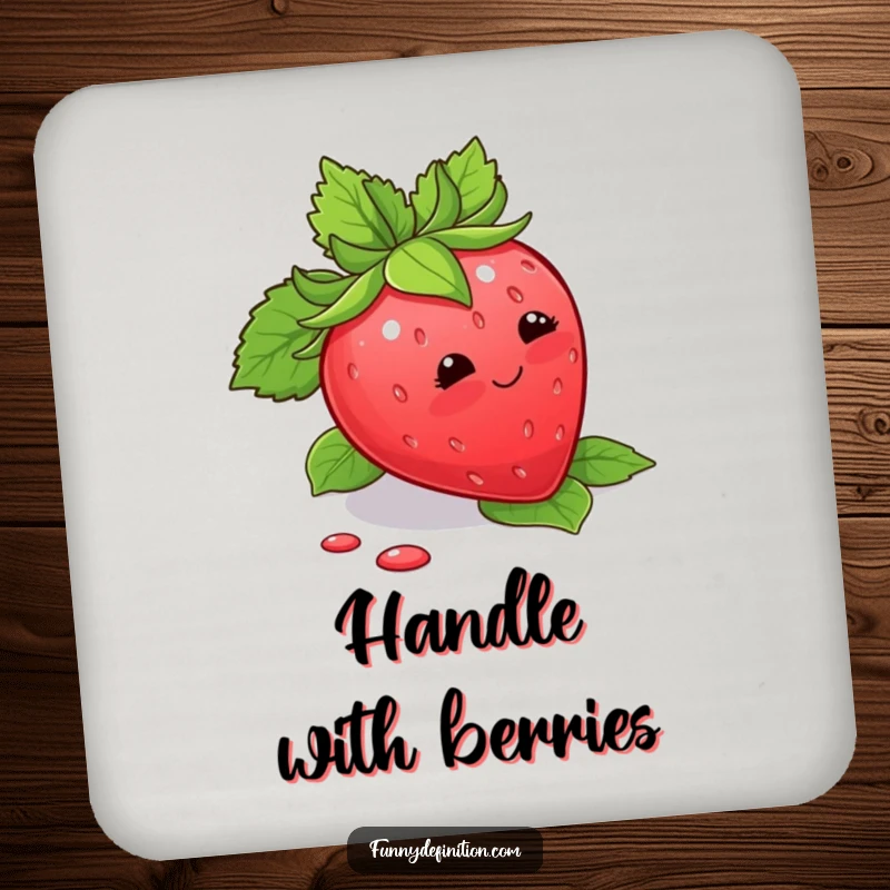 Funny Coaster featuring a blushing strawberry tripping over its leaves, protecting surfaces with cute humor.