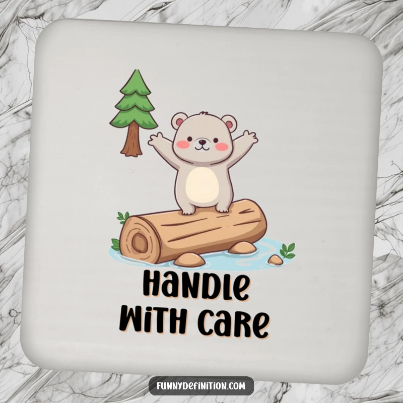 Funny drink coaster featuring a clumsy bear balancing precariously on a slippery log, arms out wide, protecting surfaces.