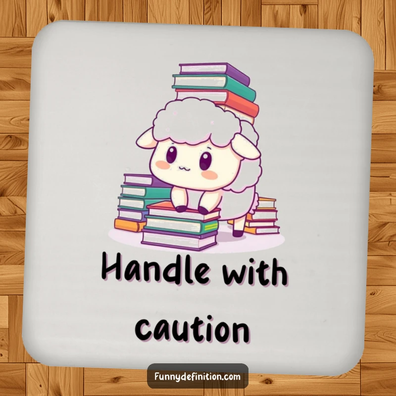 Funny sheep coaster showing a startled sheep buried under a tumbling stack of books, a humorous way to protect furniture.