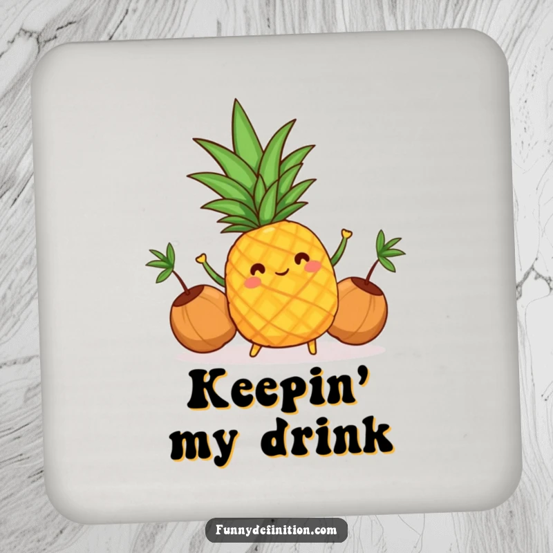 Funny drink coaster with a cheerful pineapple juggling coconuts, adding tropical flair and humor to surfaces.