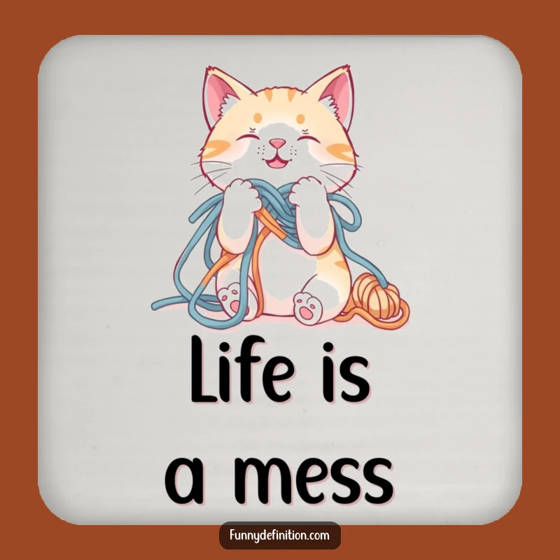 Funny Cat Yarn Tangled Coaster - Hilarious Feline Chaos Drink Mat Gift