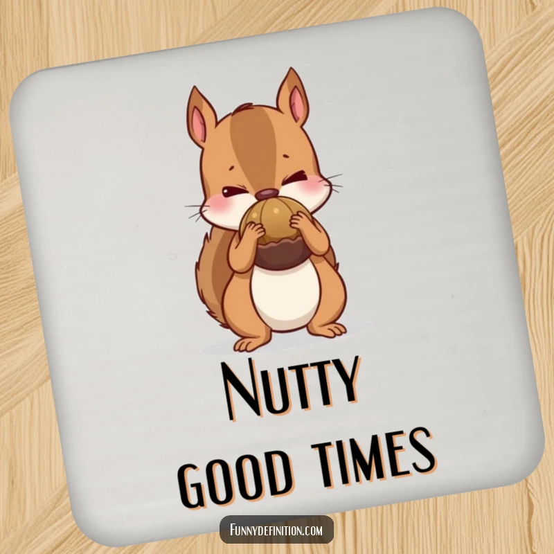 Funny drink coaster depicting a nervous squirrel attempting to hide a large nut, adding hoarding humor to surface protection.