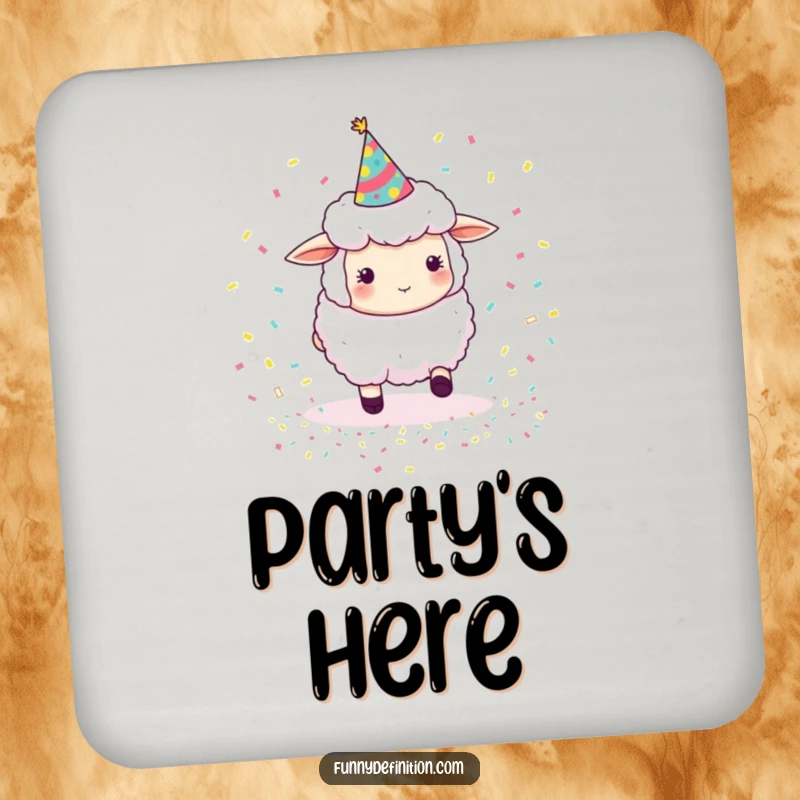 Funny sheep wearing a party hat, trying to herd bouncing confetti, a humorous and protective drink coaster.