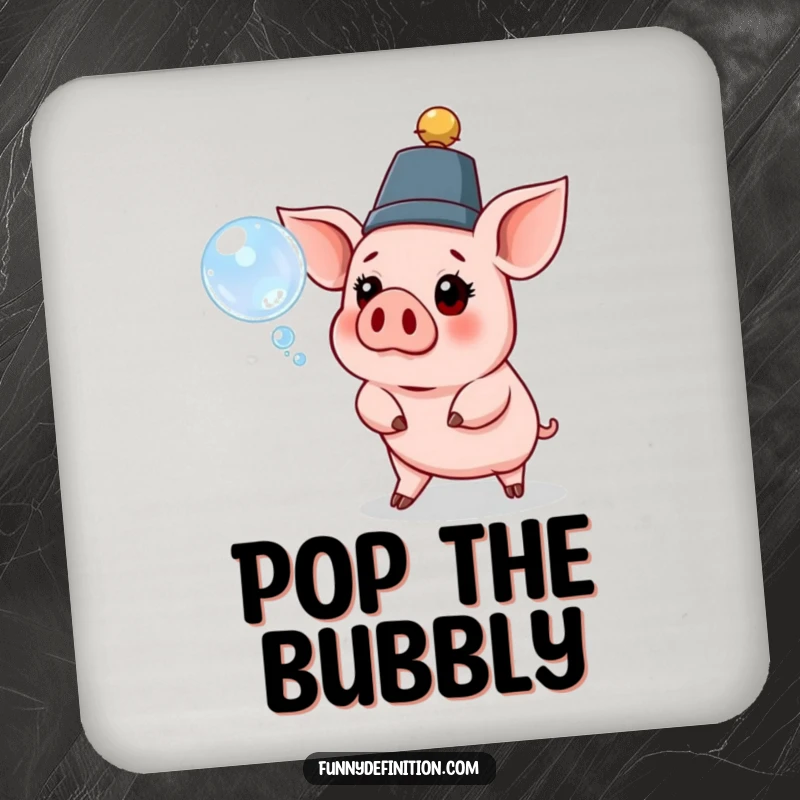 Funny pig drink coaster showing a pig in a ridiculous hat, looking surprised by a floating bubble, for surface protection.