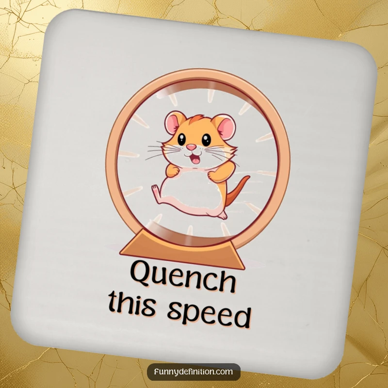 Funny hamster, a blur of motion, inside a hamster wheel on a coaster.