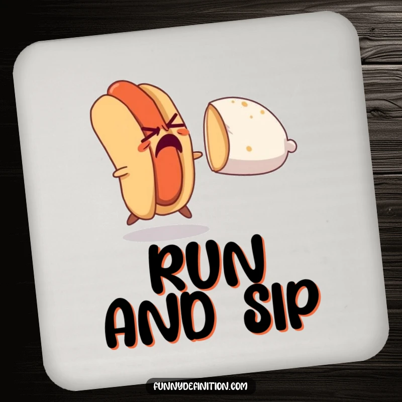 Funny drink coaster showing a nervous hot dog running from a chasing bun, a humorous and practical accessory for any beverage.