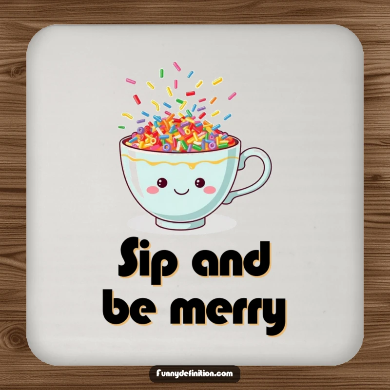 Funny sprinkle teacup drink coaster showcasing a cheerful cup with vibrant, dancing sprinkles, protecting surfaces with style.