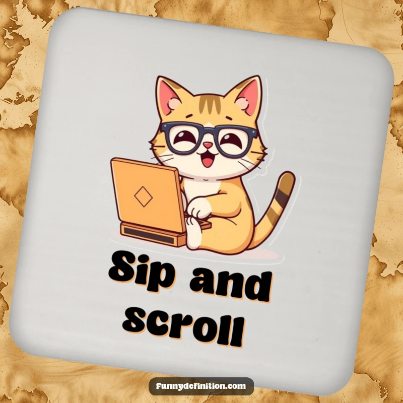 Funny drink coaster featuring a happy cat wearing oversized glasses, typing on a tiny laptop.