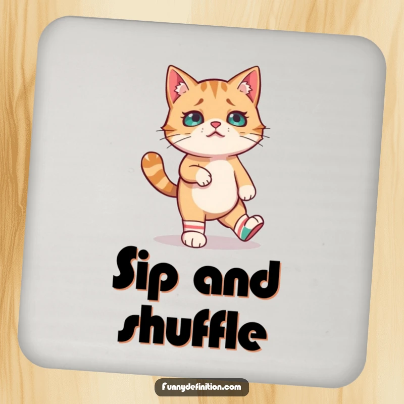 Funny drink coasters showcasing a confused cat attempting to walk in mismatched socks, adding a splash of humor and personality to tabletops.