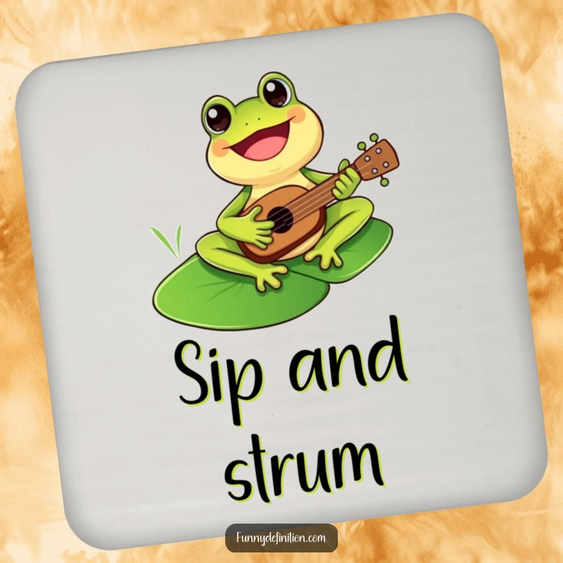 Funny cheerful frog playing a tiny ukulele on a lily pad, on a coaster for stylish surface protection.