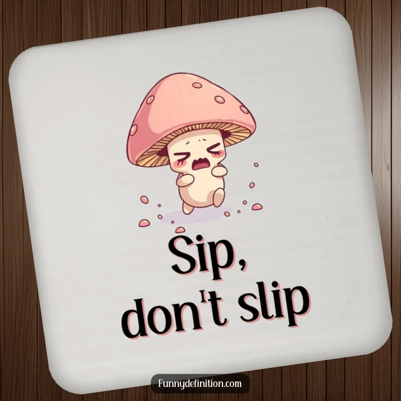 Funny drink coaster featuring a nervous mushroom character tripping over its cap, scattering spores.