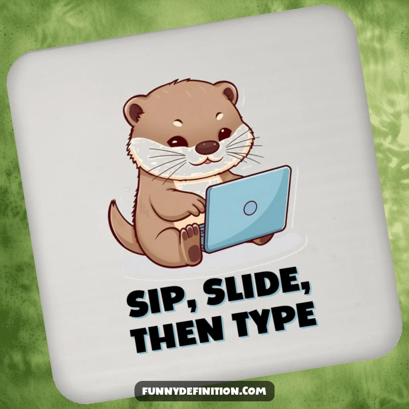 Funny otter typing on a miniature laptop, protecting a drink on a coaster, ideal for tabletops and fans of cute animals, funny gift coaster.