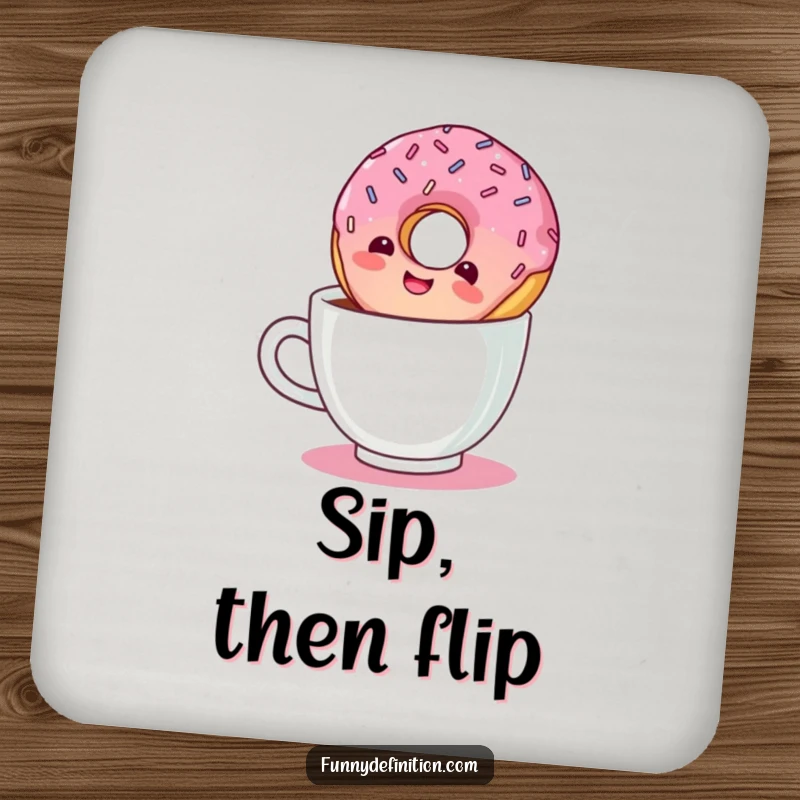 Funny drink coaster featuring a giggling donut with sprinkles floating upside down in a coffee cup.