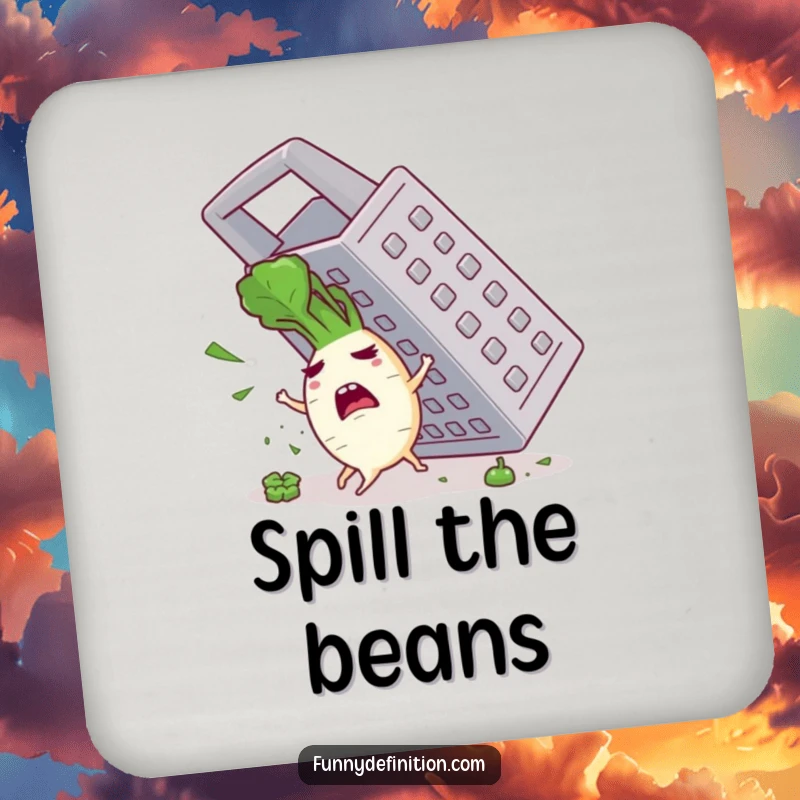 Funny drink coaster featuring a panicked radish character attempting to escape a large grater, adding humorous protection to tables.