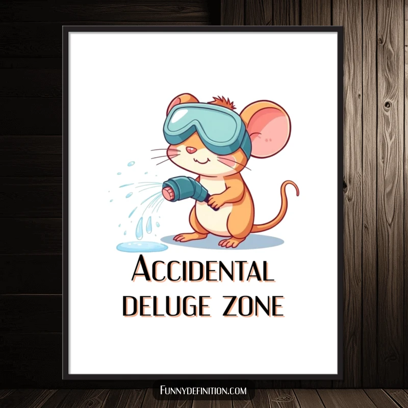 Funny poster of a mouse wearing large goggles, accidentally spraying water from a hose, creating a messy, comical scene.