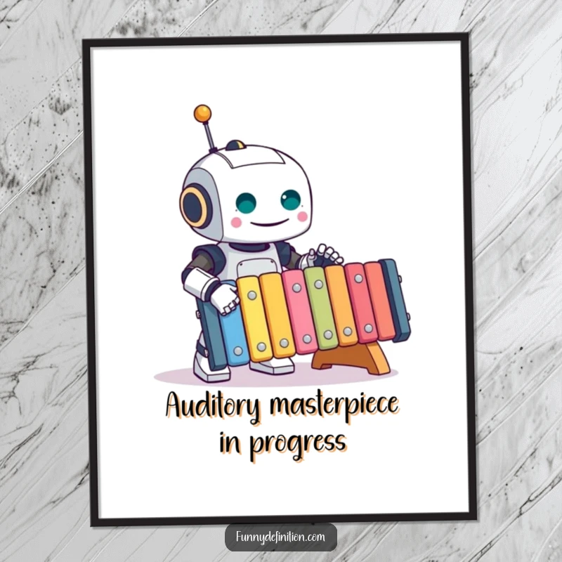 Funny Robot Poster: A happy robot passionately plays a huge, colorful xylophone, radiating musical delight, an excellent funny gift idea.