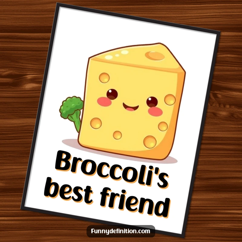 Funny poster art of a shy broccoli floret peeking from behind a huge, smiling cheese wedge, bringing cute veggie friendship to your decor.