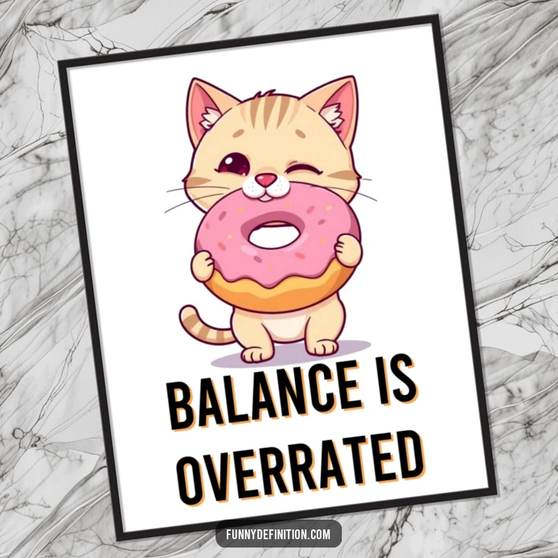 Funny Cat Poster: A wobbly cat attempts to balance a giant, colorful donut on its nose, capturing a moment of intense focus and humor, an excellent funny gift idea.