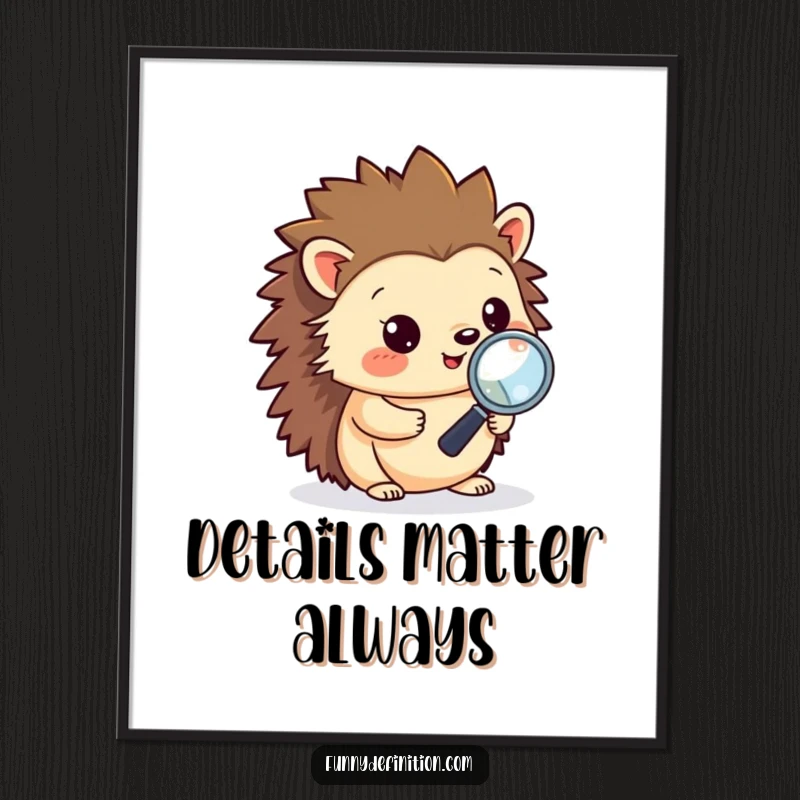 Funny poster print of a hedgehog using a magnifying glass to debug code, representing the detailed and patient nature of troubleshooting.