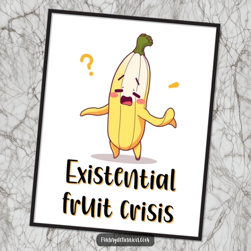 Funny poster showcasing a bewildered banana hilariously peeling itself, a comical depiction of confusion.