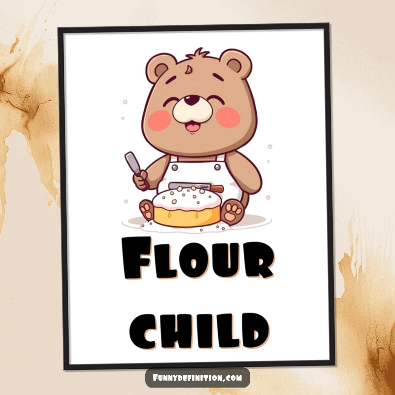 Funny poster print of a clumsy bear wearing an apron, completely covered in flour while baking a cake.