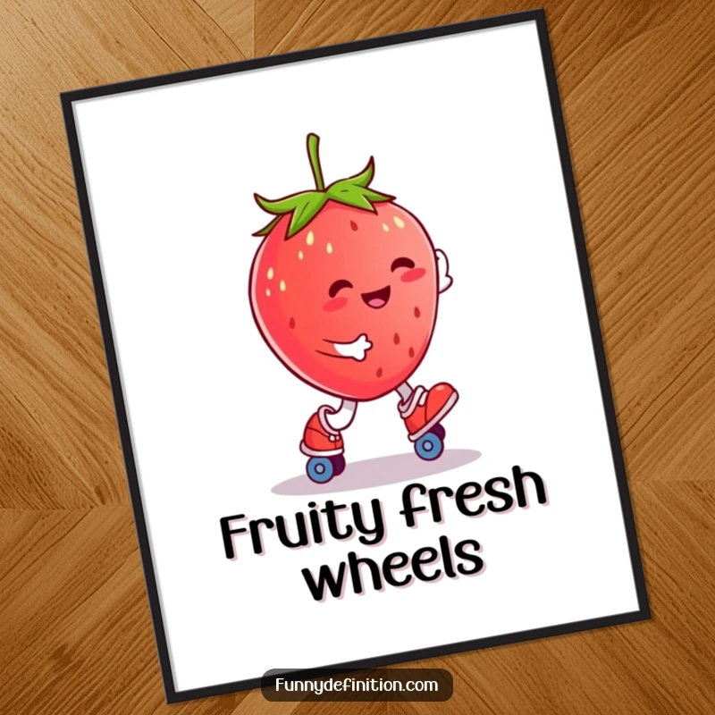 Funny smiling strawberry character attempting to roller skate, displayed as humorous wall art poster.