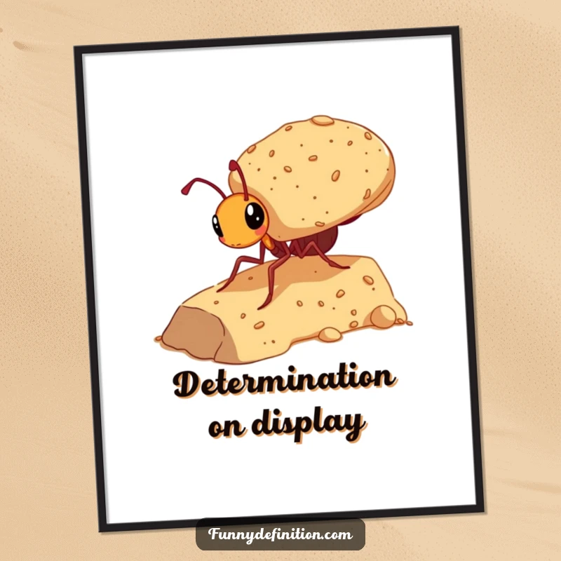 Funny poster print of a small ant carrying an impossibly large crumb up a steep incline, capturing a humorous, motivational moment.