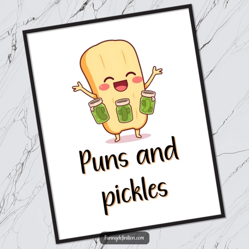 Funny poster depicting a joyous baguette juggling three diminutive pickle jars, adding a splash of comedic culinary art to walls.