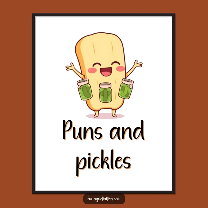 Funny Baguette Juggling Pickles Poster: Whimsical Wall Art for a Laugh