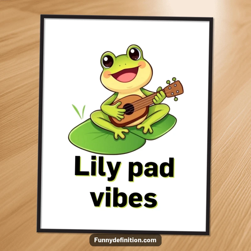 Funny cheerful frog playing a small ukulele on a lily pad, creating a vibrant and happy poster.